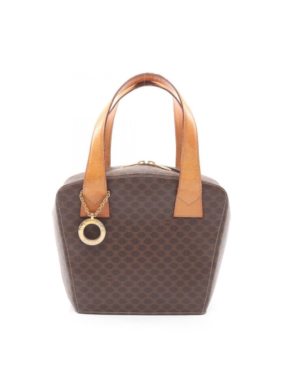 Celine Handbag Macadam Round Charm Dark Brown Canvas Leather Hand - Picture 1 of 13